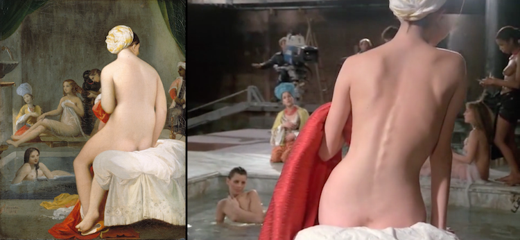 Jean-Auguste-Dominique Ingres, La petite baigneuse - Intérieur de harem (1828) y Jean-Luc Godard, Passion (1982)