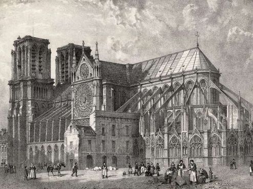 Grabado donde aparece la catedral de Notre Dame antes de la interveción de Viollet le Duc en el siglo XIX.