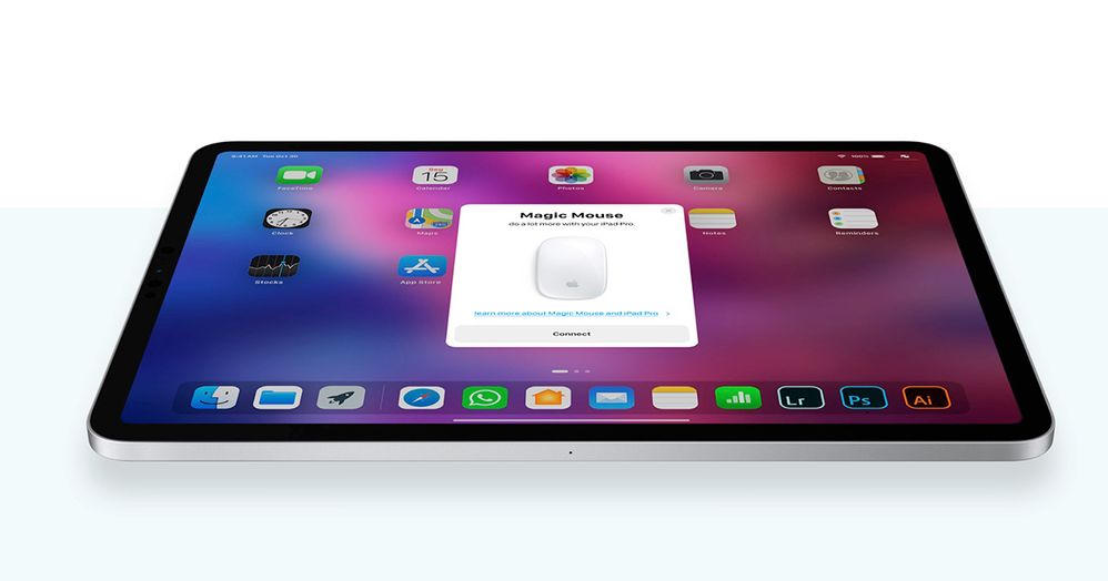 Ejemplo de cómo se vería el ratón en tu iPad. Fuente: iPadízate (https://www.ipadizate.es/2019/04/25/ipad-pro-raton-ios-13-concepto/)