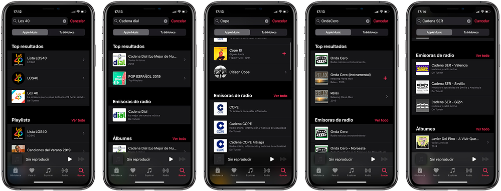 Así se verá en iOS13 esta nueva manera de escuchar la radio. Fuente: iPadizate (https://www.ipadizate.es/2019/07/01/100-000-emisoras-radio-siri-iphone-homepod/?utm_source=feedly&utm_medium=webfeeds)