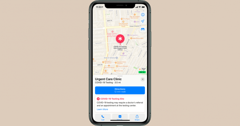 Así te ayudará tu iPhone a encontrar una respuesta rápida a tus dudas. Fuente: Sup News (https://sup.news/es/apple-maps-will-soon-direct-you-to-your-nearest-coronavirus-testing-center/)