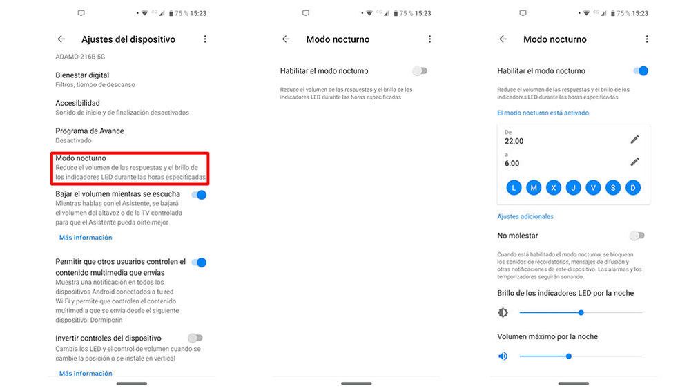 Sigue paso a paso las instrucciones que encontrarás en la app de Google Home. Fuente: Tecnoxplora (https://www.lasexta.com/tecnologia-tecnoxplora/gadgets/como-activar-modo-nocturno-altavoz-google-home_201909115d79033d0cf230c4d87d663b.html)