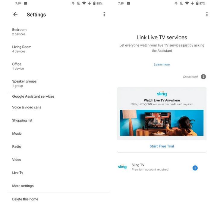 Sling TV ya forma parte de los contenidos. ¿Pasará lo mismo con Movistar+? Fuente: 9to5Google (https://9to5google.com/2020/05/05/google-home-link-services/)