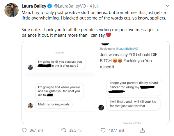 Laura Bailey decidió denunciar la situación a través de las redes sociales. Fuente: Twitter (https://twitter.com/LauraBaileyVO/status/1279173199918292992)