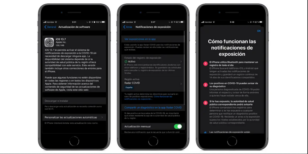 El nuevo sistema integrado de Apple para combatir el COVID 19. Fuente: Actualidad iPhone (https://www.actualidadiphone.com/ios-13-7-ya-disponible-con-la-nueva-notificacion-por-exposicion-express/)