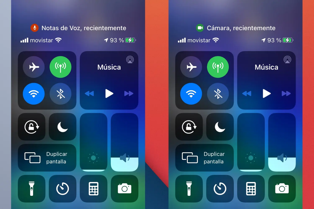 Desde el Centro de Control sabrás qué apps acceden a tu cámara o micrófono. Fuente: Hipertextual (https://hipertextual.com/2020/09/punto-naranja-verde-iphone)