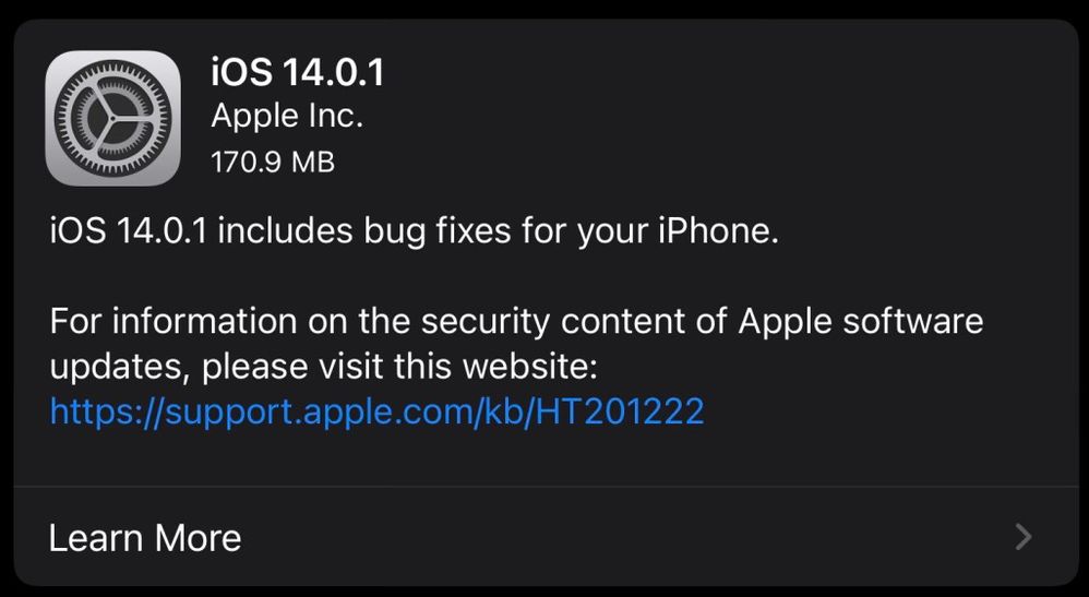 ¿Problemas en tu iPhone? Actualiza a iOS 14.0.1 Fuente: Jimmy Tech (https://jimmytechsf.com/macos-10-15-7-ios-14-0-1-ipados-14-0-1-watchos-7-0-1-tvos-14-0-1-released/)