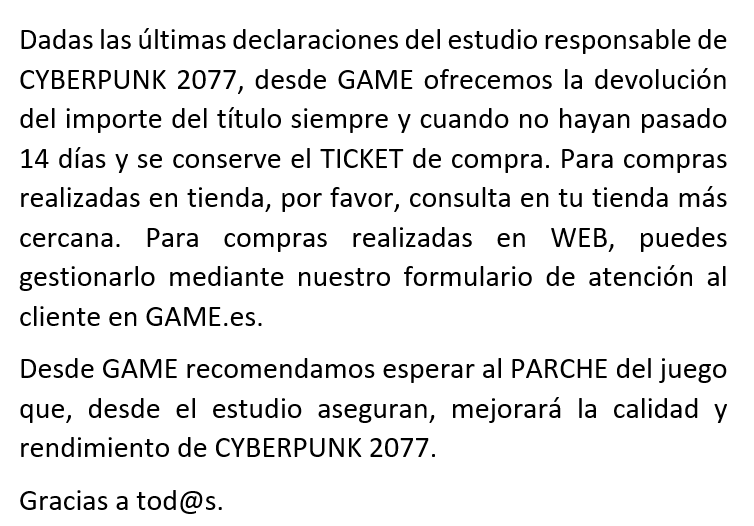 GAME ha tenido que rectificar… Fuente: Twitter (https://twitter.com/VideojuegosGAME/status/1338459370309476352)