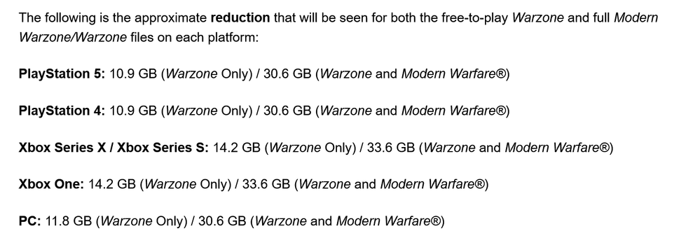 Menudo respiro!!! Fuente: Call of Duty (https://www.callofduty.com/blog/2021/03/Season-Two-Reloaded-Warzone-File-Size-Reduction#MWandWarzoneFileSize)