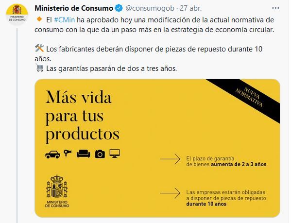 Las compañías no celebrarán esta noticia. Fuente: Twitter oficial Ministerio de Consumo (https://twitter.com/consumogob)