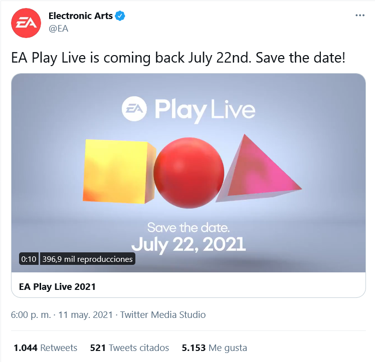 Se desmarca de la E3. Fuente: Twitter (https://twitter.com/EA/status/1392147491915763719)