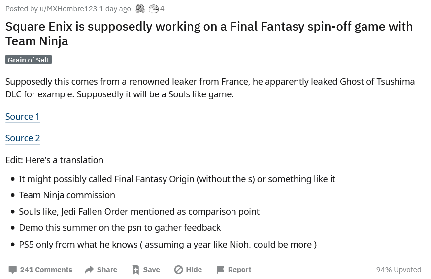 Se confirmará el rumor?? Fuente: Reddit (https://www.reddit.com/r/GamingLeaksAndRumours/comments/niwyx2/square_enix_is_supposedly_working_on_a_final/?utm_term=1422493382&utm_medium=post_embed&utm_source=embed&utm_name=&utm_content=header)