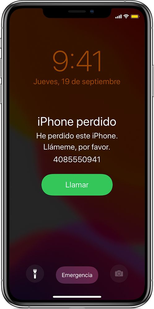 Find My te permite incluir un mensaje en la pantalla de bloqueo del iPhone. Fuente: Apple (https://support.apple.com/library/content/dam/edam/applecare/images/es_ES/appleid/ios13-iphone-xs-lost-mode.jpg)