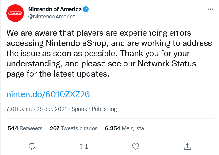 La advertencia no fue suficiente. Fuente: Twitter (https://twitter.com/NintendoAmerica/status/1474802269275176970)