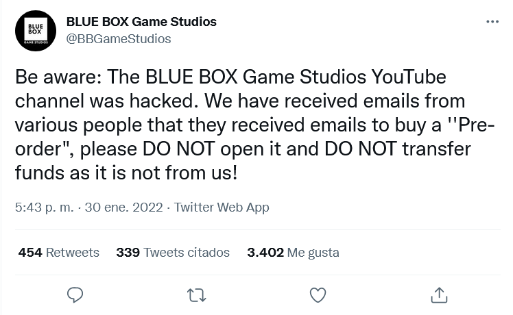 Les crecen los problemas. Fuente: Twitter (https://twitter.com/BBGameStudios/status/1487828817678938124)