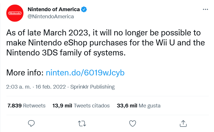 Nos guste o no, nada es para siempre. Fuente: Twitter (https://twitter.com/NintendoAmerica/status/1493752880733503488)