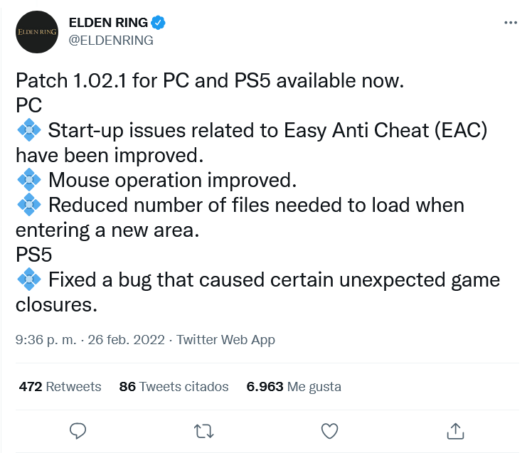 Problemas resueltos. Fuente: Twitter (https://twitter.com/ELDENRING/status/1497671828092989449)
