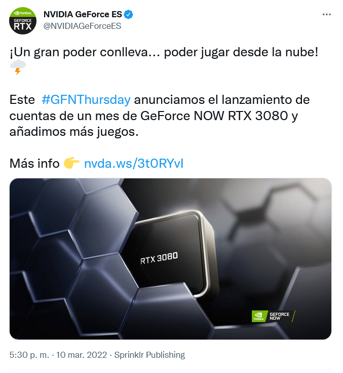 Hay que adaptarse al mercado. Fuente: Twitter (https://twitter.com/NVIDIAGeForceES/status/1501958565321482240)