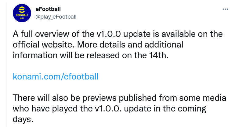 Qué nos deparará esta nueva actualización?? Fuente: Twitter (https://twitter.com/play_eFootball/status/1511635245858271232)