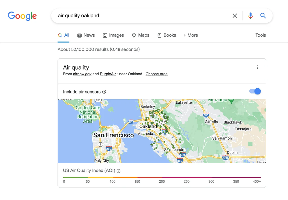 Ey Google, ¿cuánta contaminación tiene el aire de Cádiz? Fuente: 9TO5Google (https://9to5google.com/2022/04/20/google-search-air-quality/)