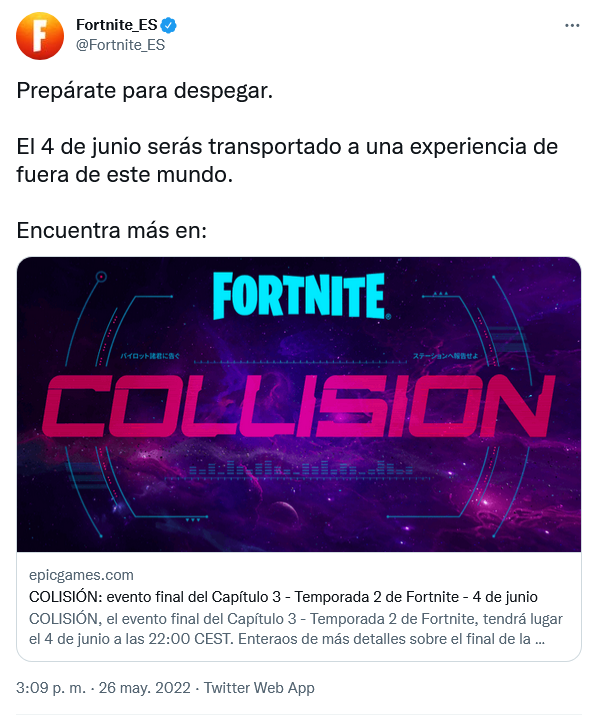 Se acerca el despegue… Fuente: Twitter (https://twitter.com/Fortnite_ES/status/1529811853462933504)