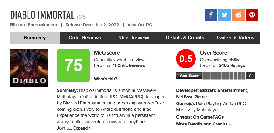 Suspendido. Fuente: Metacritic (https://www.metacritic.com/game/ios/diablo-immortal)