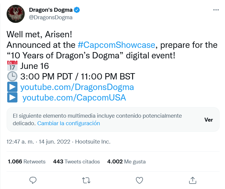 Creéis que nos darán alguna novedad?? Fuente: Twitter (https://twitter.com/DragonsDogma/status/1536480433025781760)