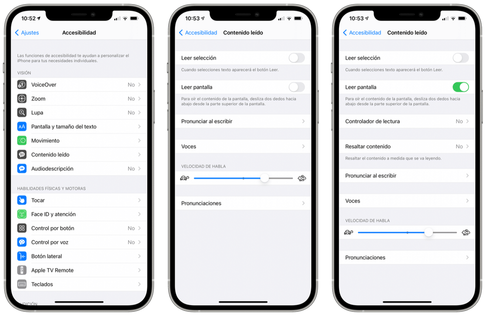 Te explicamos paso a paso cómo activarlo. Fuente: Actualidad iPhone (https://www.actualidadiphone.com/utiliza-contenido-leido-para-que-el-iphone-te-lea-la-pantalla/)