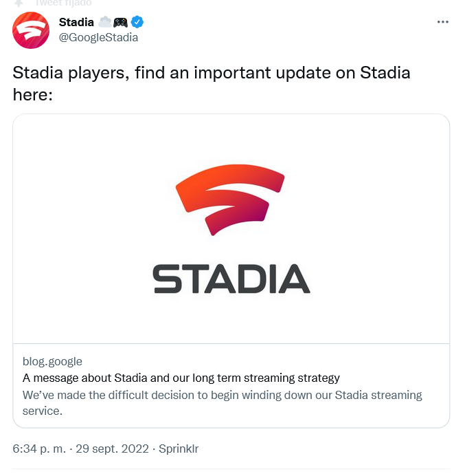 Bye, Bye Stadia. Fuente: Twitter (https://twitter.com/GoogleStadia/status/1575524318481879040)