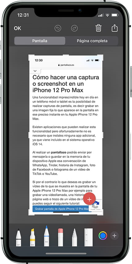 Personaliza tus capturas de pantalla como quieras. Fuente: Pantallazo (https://www.pantallazo.es/captura-pantalla/apple-iphone-13-pro)