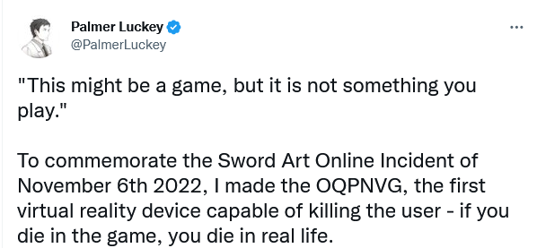 Esto no es un juego. Fuente: Twitter (https://twitter.com/PalmerLuckey/status/1589391326118039552)