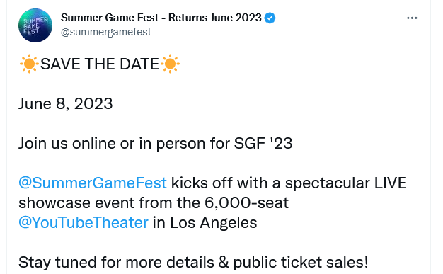 Save the date. Fuente: Twitter (https://twitter.com/summergamefest/status/1598361294234689536)