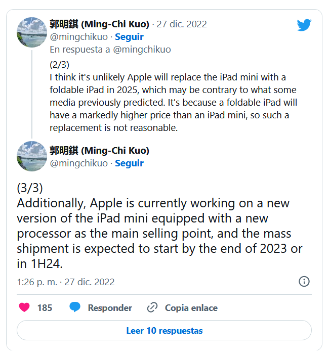 Esto puso Kuo. Fuente: Europa Press (https://www.europapress.es/portaltic/gadgets/noticia-apple-desarrolla-ipad-mini-nuevo-procesador-lanzara-finales-2023-ming-chi-kuo-20221228115939.html)