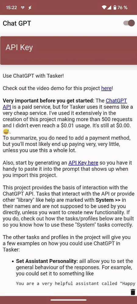 Usa esta API Key. Fuente: Xataka (https://www.xatakandroid.com/aplicaciones-android/chatgpt-se-integra-android-gracias-a-tasker-asi-puede-sustituir-a-google-assistant)
