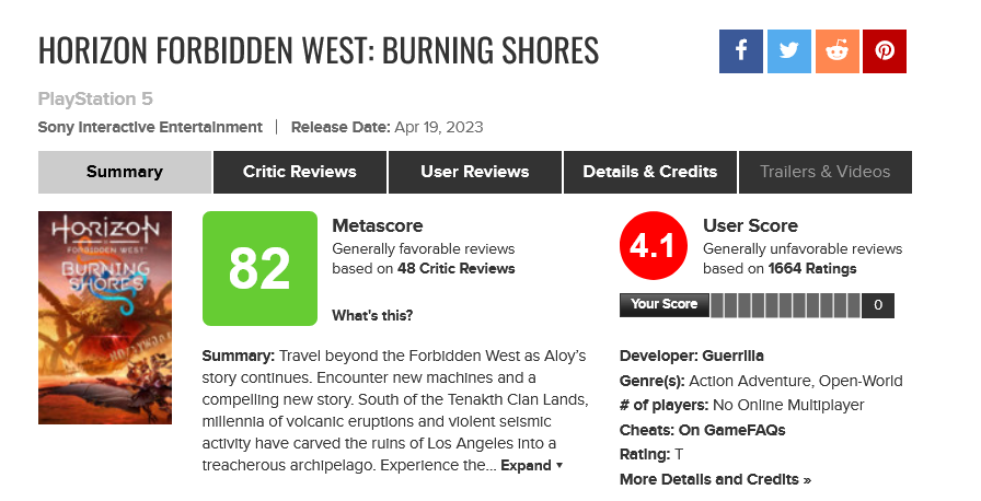 Se han puesto serios. Fuente: Metacritic (https://www.metacritic.com/game/playstation-5/horizon-forbidden-west-burning-shores)