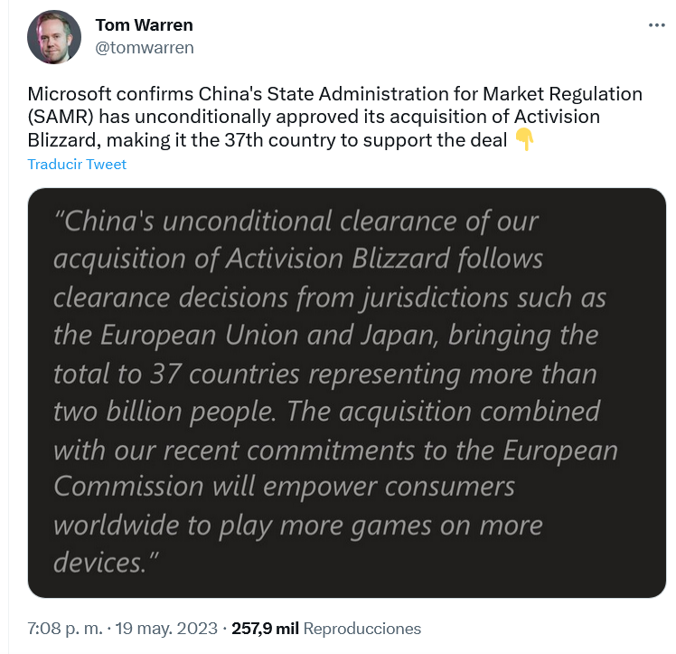 China aprueba la compra. Fuente: Twitter (https://twitter.com/tomwarren/status/1659606849316962322)