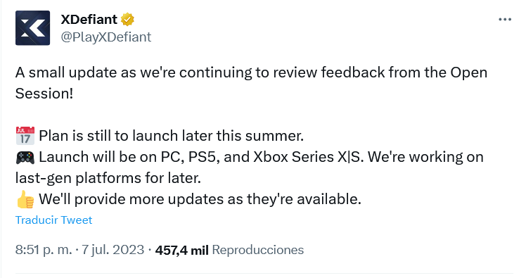 La old-gen tendrá que esperar un poco más. Fuente: Twitter (https://twitter.com/PlayXDefiant/status/1677389879544541184)