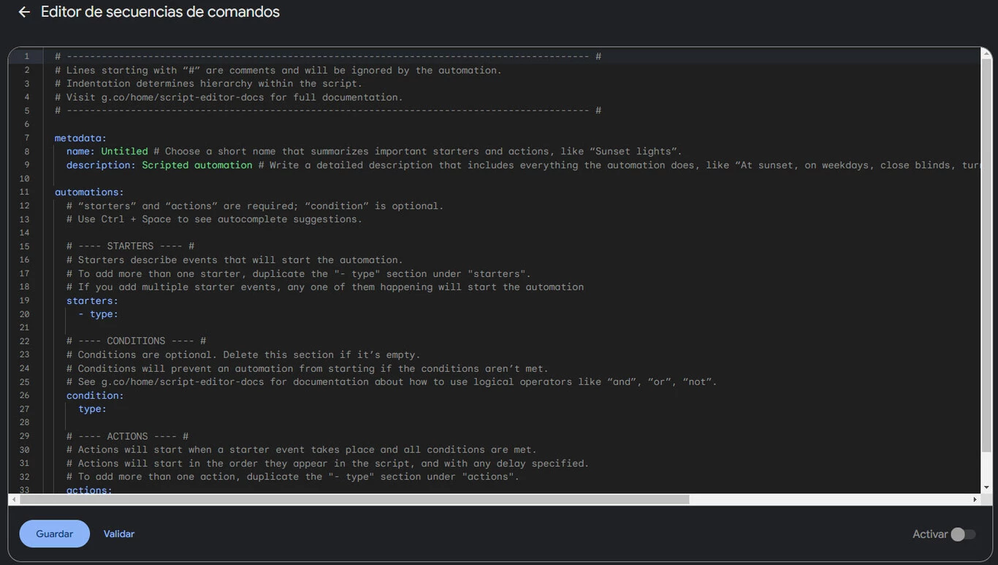 A ver quién entiende esto... Fuente: Xataka (https://www.xatakandroid.com/tutoriales/google-home-para-pros-asi-puedes-crear-scripts-para-controlar-tus-dispositivos-inteligentes)