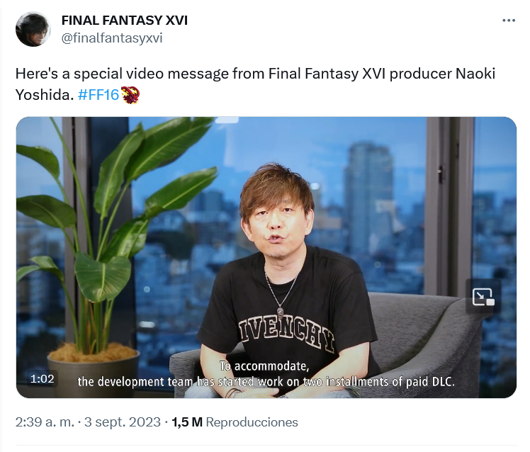 Gracias Yoshida!! Fuente: Twitter (https://twitter.com/finalfantasyxvi/status/1698133463323611566)