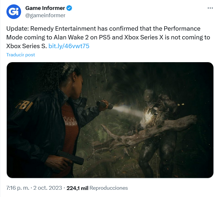 Xbox Series S se queda sin modo rendimiento. Fuente: Twitter (https://twitter.com/gameinformer/status/1708893740440412579)