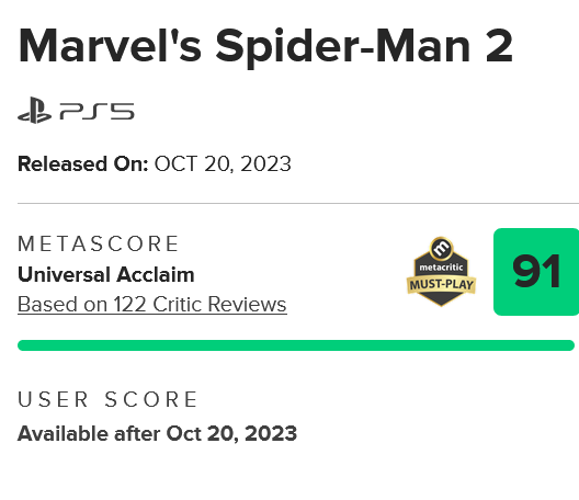 Levantando pasiones. Fuente: Metacritic (https://www.metacritic.com/game/marvels-spider-man-2/)