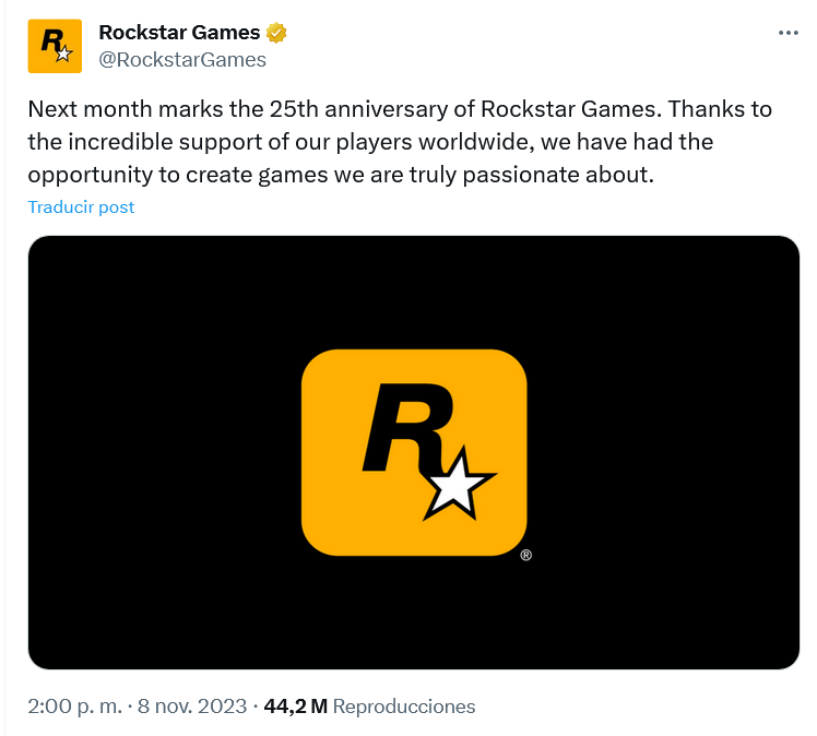 Todavía estamos saboreando la noticia. Fuente: X (https://twitter.com/RockstarGames/status/1722237556258120163)