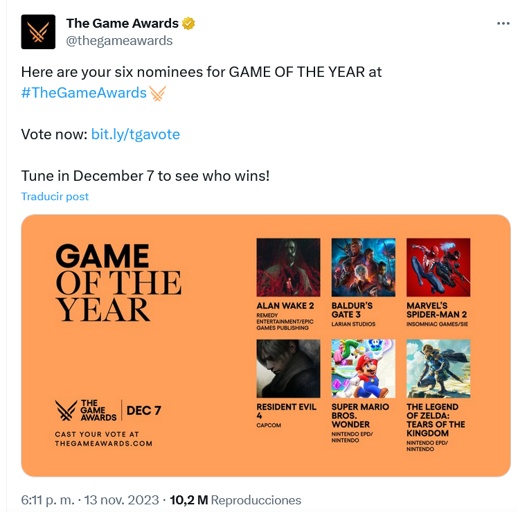 Y los nominados son… Fuente: X (https://twitter.com/thegameawards/status/1724112638886494523)