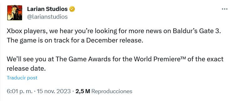 Ya queda menos!! Fuente: X (https://twitter.com/larianstudios/status/1724835018793451957)