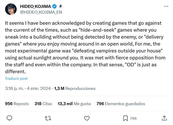 Rompiendo las reglas. Fuente: Twitter (https://twitter.com/HIDEO_KOJIMA_EN/status/1742913373485011380)