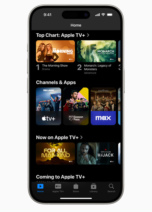 La interfaz del móvil. Fuente: Apple (https://www.apple.com/es/newsroom/2023/12/redesigned-apple-tv-app-elevates-the-viewing-experience/)