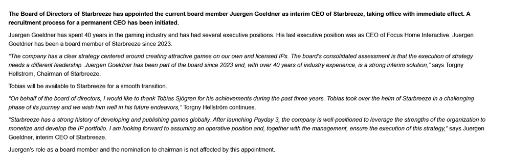 Bye, bye Tobias… Fuente: Starbreeze (https://corporate.starbreeze.com/en/press/press-releases/2024-03-12-juergen-goeldner-appointed-as-interim-ceo-of-starbreeze/)