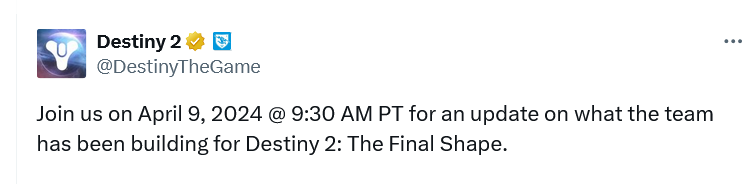 Save the date… Fuente: X (https://twitter.com/DestinyTheGame/status/1775219838463438902)