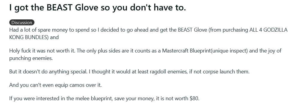 Las críticas no se han hecho esperar. Fuente: Reddit (https://www.reddit.com/r/ModernWarfareIII/comments/1bz4ikb/i_got_the_beast_glove_so_you_dont_have_to/)