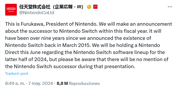 Buenas noticias!! Fuente: X (https://twitter.com/NintendoCoLtd/status/1787736518762881197)